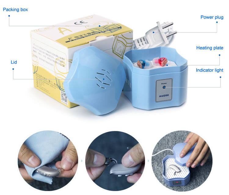 A hearing aid resting inside a drying box for overnight moisture removal